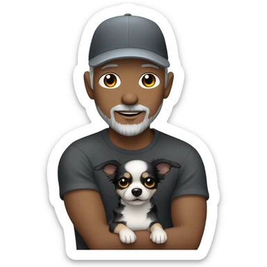 Handsome man with blue eyes wearing ball cap with grey hair and goatee beard holding all black long haired chihuahua sticker