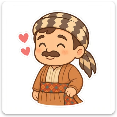 Create a chibi Kurdish cartoon sticker based on the reference image, showing a loving (heart/affection) expression, with a transparent background. sticker