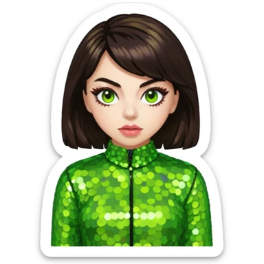 Charli XCX with dark brown hair, lime green sequin outfit sticker