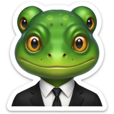 ["Green frog head, dressed in a black suit with a black tie."] sticker