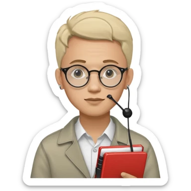 A man in his 20s wearing an apnotebook, wearing radio earrings, round glasses, achromatic clothes sticker