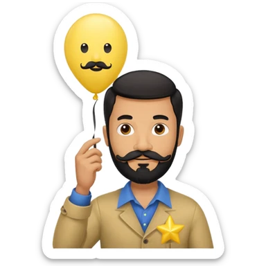 man with black bead and mustache holding star yellow balloon  sticker