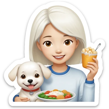 Asian girl sharing food with white dog sticker
