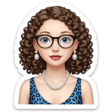 a blue eyed woman with very long brunette curly hair, full lips,and really pale skin. She is wearing a leopard printed thin round-ish glasses . She is wearing fully plain silky black dress. She is wearing pearl necklase and pearl earrings. saying hello sticker