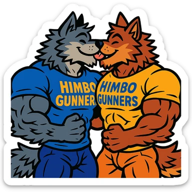 two extremely muscular wolf furries with exaggerated and highly detailed muscles, both wearing t-shirts that say 'Himbo gunners', kissing, friendly and joyful expressions, very detailed fur and anatomy, ultra high quality sticker