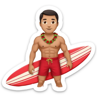 Dark-haired tan muscular 50 year old man with red shorts and shell lei surfing sticker
