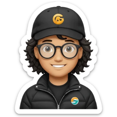 Young man wearing a black puffer jacket, black baseball cap with a small logo, round black glasses, wavy hair peeking out from under the cap, smiling. use dropcourse logo for cap and colouring for the puffer jacket sticker