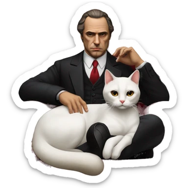 don corleone as a woman as a mafia boss sitting on a red chair petting a white cat on his lap sticker