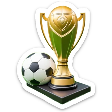 A football resting on the green grass of a soccer field, with goalposts and field markings in the background. In the foreground, the UEFA World Cup trophy gleams, symbolizing the pinnacle of football achievement, adding an element of prestige and competition to the scene. sticker