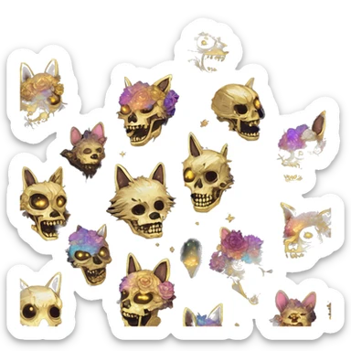 iridescent kintsugi fluffy zombie black brown gold dog fox head zombie skeleton gold mechanical nebula galaxy stars colorful flowers fairy lights vintage zombie sticker