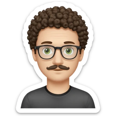 Light brunette curly haired young man with pale skin and glasses. Eyes are greenish grey and he has a moustache. Black t-shirt. sticker
