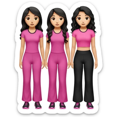 3 olive skin tone best friends. First one wearing pink gym attire modest with long black hair wavy. Second one wearing a pink fitted long maxi dress with curves long black hair and the last one wearing pink casual clothes with brown mid length hair sticker