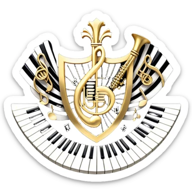 Create an elegant and festive emoji collage representing keyboard instruments, styled like a heraldic emblem. The design should feature a central focal point of black and white piano keys, arranged in a semi-circular or shield-like shape. Around the piano keys, add intertwining musical notes that form flowing ribbons, creating a dynamic and celebratory atmosphere. The design should be professional, with polished silver and gold accents on the keys and notes, highlighting the luxury and sophistication of the instruments. Add subtle shading and lighting effects to give the design a refined, 3D appearance. The background should remain transparent, and the overall feel should evoke grandeur, artistry, and a sense of celebration. sticker