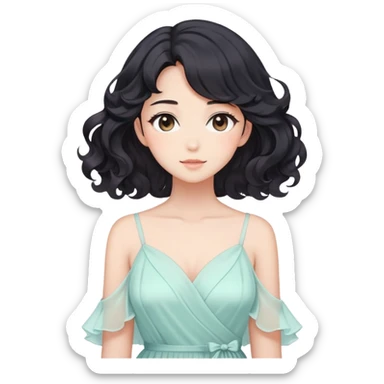 Gorgeous anime lady with elegant black wavy hair wearing a soft flowy feminine dress in pastel colors sticker