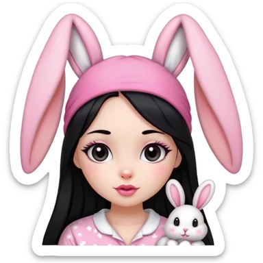 pretty girl, with straight long black hair, black eyes, long lashes, pink lips, wearing pink pajamas, and bunny headband on her head sticker