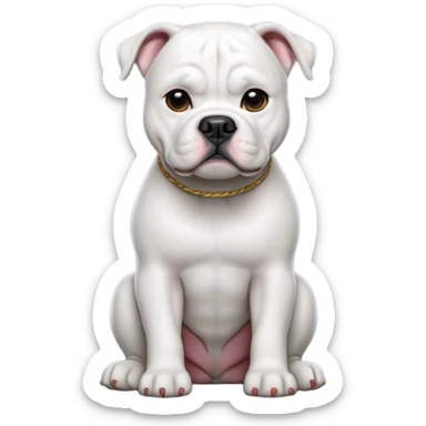 cinematic-[american bulldog]-realistic-full-body-sitting-emoji,-tail-resting-loosely-beside-its-paws,-head-tilted-dramatically,-sleek-[solid white]-fur,-simplified-yet-realistic-focused-features,-highly-detailed,-glowing-with-an-almost-sarcastic-glow sticker