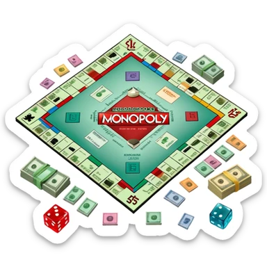 A photorealistic icon featuring a Monopoly board with property spaces, colorful game tokens, dice, and stacks of money. The design includes detailed textures of the board, cards, and tokens, capturing the essence of the Monopoly game. Transparent background, symbolizing Monopoly and board games. sticker