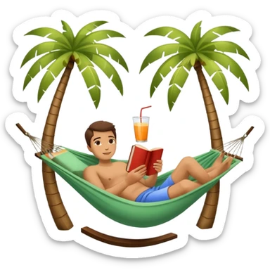a person lying on a hammock between two palm trees, holding a book in one hand and a fresh drink nearby, symbol of relaxation, isolated on white background sticker