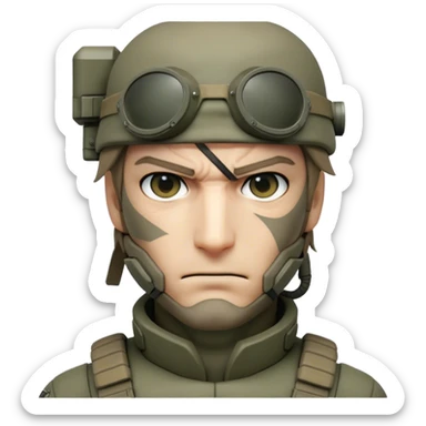 Cinematic Realistic Metal Gear Solid Snake Soldier Portrait, head tilted epicly and inquisitively, showcasing a commanding presence and tactical acumen. His weathered face, intense eyes, and meticulously rendered combat gear in muted earth tones are brought to life with lifelike clarity and dramatic lighting, high shine, epic and awe-inspiring, embodying the covert prowess of a true warrior of the shadows. sticker