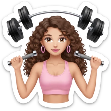cute balayage brunette long hair curly/wavy haired girl, hoop earrings, clean girl makeup DOING EXERCISE with weights with a cute pastel pink set sticker