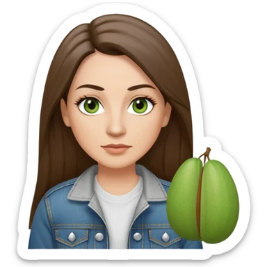 43 year old Adult woman avatar, light skin tone, long, oval face, long straight ashy brown hair, green almond-shaped eyes with dramatic eyelashes and minimal eyeliner, neutral mouth, medium straight eyebrows, small nose, smooth skin,  white t shirt, denim jacket sticker