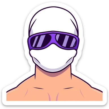 shirtless athletic man with white skin, wearing a purple balaclava face mask and purple sunglasses with black tinted lenses sticker
