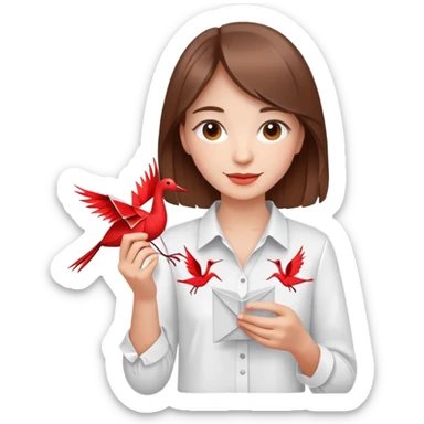 Happy Ukrainian young girl with brown hair in a white embroidered shirt holds an origami red crane sticker