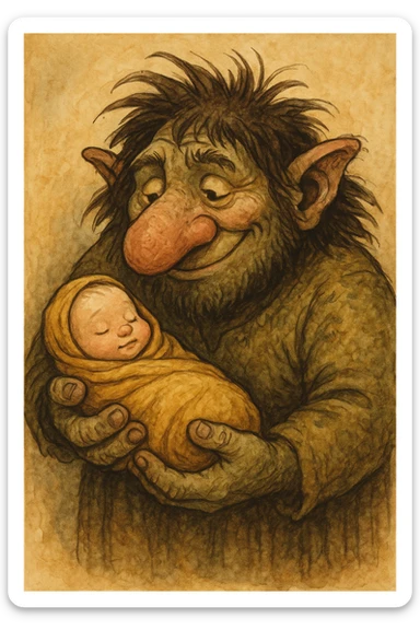 a troll gently cradling a human baby, fantasy illustration, unique and expressive style, whimsical and cartoon style, big nose, wild hair, friendly expression, swaddled baby sticker