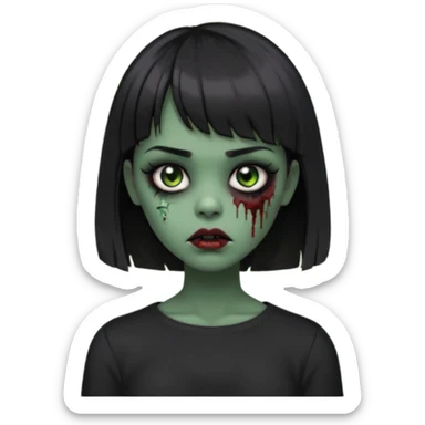 Zombie girl emoji verde escuro com cabelo curto liso preto no ombro e franja na altura da sobrancelha cobrindo completamente a testa, usando uma blusa preta, com olhos pretos  sticker
