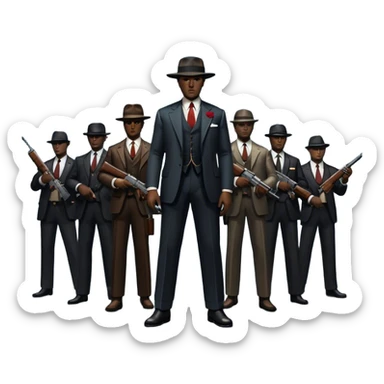 Vintage noir poster with Don Corleone surrounded by gangsters holding Thompson submachine guns. Dark and moody atmosphere with shadows, suits, and a mysterious vibe. Background features New York skyscrapers, adding to the gritty, classic gangster film feel. Transparent background. sticker