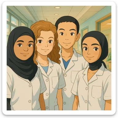 Illustrate four nursing students together in a Ghibli style, wearing short-sleeved white lab coats without undershirts or stethoscopes, set against a bright and welcoming hospital background. sticker