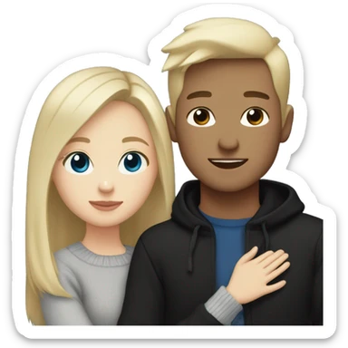 dark Blonde girl with blue eyes in black sweater and an east asian with light skin man with black hair and black eyes hugging sticker