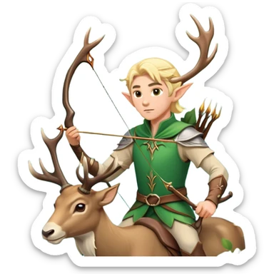 clash-of-clans-aesthetic-blond-male elf-archer-portrait-emoji, rendered in a flat, vector-style with minimal shading and bold holding his bow, simplified shapes, head tilted slightly forward with a determined, focused expression, riding a majestic stag whose antlers glow with mystical energy, set against an ancient, enchanted forest backdrop. sticker