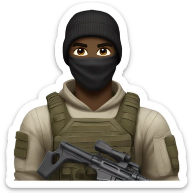 male, pale skin, call of duty black face mask, camo tactical gear, combat boots, black beanie, hazel eyes sticker