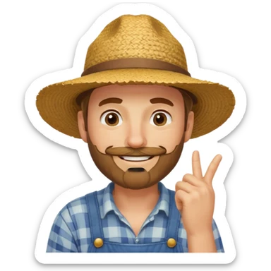 “A single emoji-style character combining 👨‍🌾😄 and 🤔: a smiling farmer man with a straw hat, friendly face, and light beard, holding one hand under his chin in a thinking gesture. His index finger rests under his face, eyes looking slightly upward as if thinking.  sticker