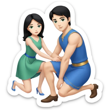 prince, upright, black Hair, blue eyes, blue garment,  Woman, blonde Hair, Green eyes, bending knee, sleveless White Dress, sticker