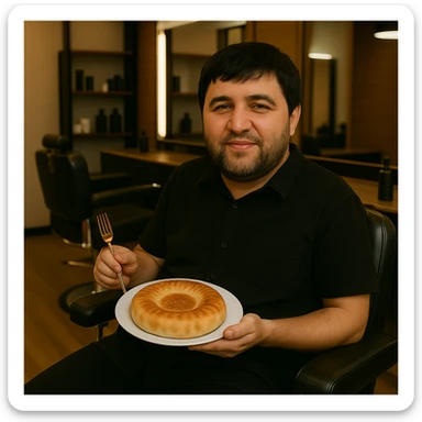 Replace the man's face in the original photo with the face from the second image. Keep the setting, lighting, body, and the bread plate exactly the same. Make sure the new face blends naturally with the skin tone and lighting of the original photo. The man should still be sitting in a barbershop chair, holding a plate with Uzbek bread and a fork, wearing black clothes sticker