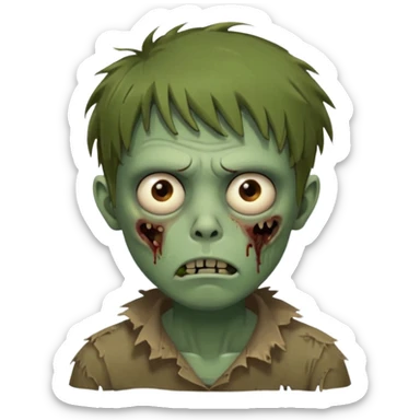 zombie slim youthful face, messy brown fringe, muted green skin tone, tired heavy-lidded eyes with visible under-eye darkness, a neutral slightly bored expression, and an overall low-energy, sleep-deprived, mentally fried vibe, sticker