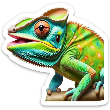 cinematic giant-tongue out chameleon-realistic emoji, mouth wide open with tongue out catching prey, -blending-with-vibrant-greenery.-detailed-scales-in-shifting-colors,-showing-the-chameleon’s-ability-to-camouflage.-soft-natural-light-highlights-its-texture.-light-background, zoomed into its face sticker