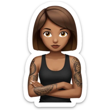 Femme brune yeux marron avec une coupe carré noir qui descend sur l'épaule , femme couleur de peau typé, avec un cobra a côté , débardeur noir , avec un tatouage sur le bras droit sticker