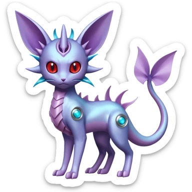 Mechanical Miraidon-Espeon-Mewtwo-Vaporeon-Fakémon-hybrid-creature (full body)  with red eyes and intricate markings sticker