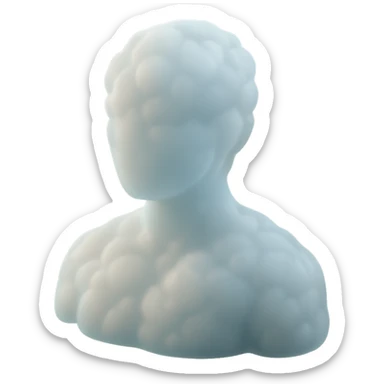 person made entirely of pure white puffy clouds, shoulders up, front view, matte glass style sticker