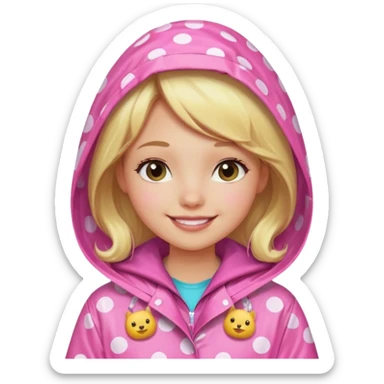 Blonde girl in a pink polka dot raincoat with hoodie sticker