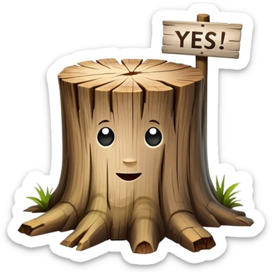 The stump holds a sign with the inscription yes sticker