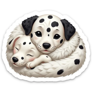 Meme-Worthy Cute Sleeping Spotted Dalmatian Portrait Emoji, Head resting peacefully with a contented smile, showcasing a delightfully majestic build and a luxuriously soft Fur of predominantly white with bold black patches, eyes shut in a serene nap, Simplified yet hilariously adorable features, highly detailed, glowing with a soft, drowsy light, high shine, relaxed and utterly lovable, stylized with an air of playful laziness, bright and heartwarming, soft glowing outline, capturing the essence of a comically sleepy guardian, so meme-worthy it feels like it could instantly become the next viral sensation of adorable slumber! sticker