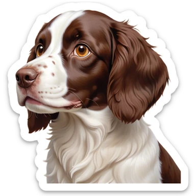 Cinematic Cute Springer Spaniel Portrait Emoji, Head tilted playfully and inquisitively, featuring a vibrant Fur of liver and white with a natural sheen, round, sparkling brown eyes filled with curiosity, Simplified yet irresistibly adorable features, highly detailed, glowing with a warm, friendly glow, high shine, affectionate and lively, stylized with a touch of whimsy, bright and endearing, soft glowing outline, capturing the essence of a mischievous yet loving pup, so playful it feels like it could frolic out of the screen and into your arms! sticker