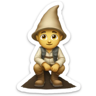 side view of gnome with light tan pants and light tan boots squatting in front of small dirt pile sticker