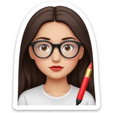A brunette woman, long hair and long eye lashes,small nose, red blushe and highlighter, black glasses,brown eyes, white tshirt sticker