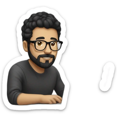 Designer with black hair, beard and glasses working with MacBook and drinking cappuccino  sticker