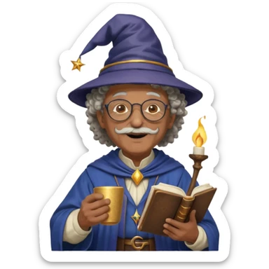 A Joyful Elderly Male with Brown skin and Curly hair, wearing a Traditional outfit, a Wizard hat, Sunglasses, carrying a Spellbook, working as a farmer, while drinking Coffee and reading a Textbook. sticker